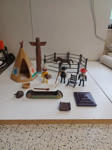 Vintage Playmobil Native Indian Teepee Totems Horses Canoes And Accessories