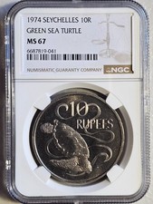 Seychelles 10 Rupees 1974 Green Sea Turtle NGC MS 67