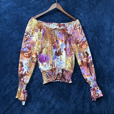 Vintage Cache Y2K Womens Silk Top Size XS Oversized Smocked Animal Mob Wife