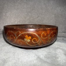 Vintage Wood Bowl Jewelry Trinket Inlay Brass...