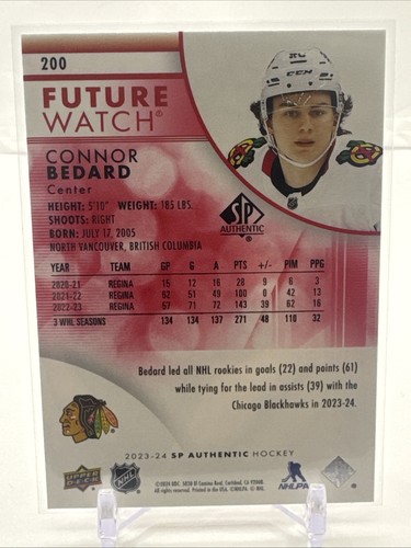 Connor Bedard 2023-24 Upper Deck SP Authentic Future Watch Limited Red - Picture 2 of 2
