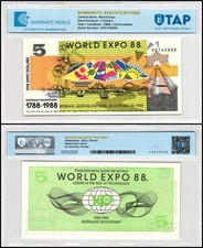 Australia 5 Dollars Novelty, 1988, UNC, World Expo Commemorative, Authenticated