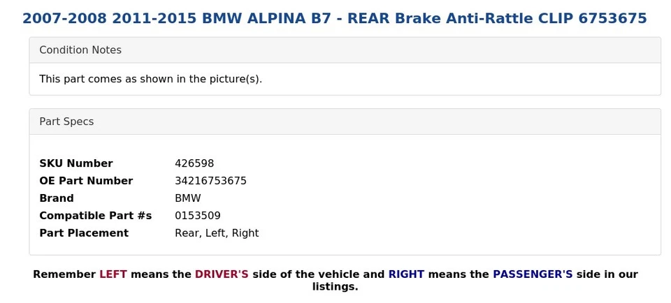 BMW ALPINA B7 2007-2008 2011-2015 - Freno trasero anti-sonajero CLIP 6753675 Foto 3 de 3