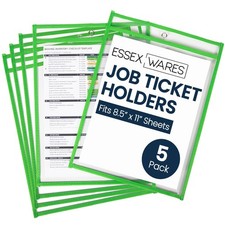 - 5 Pack, Green, Job Ticket Holders, 10" Wide x 13.5" Tall - Clear Plastic Ti...