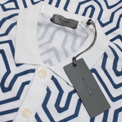 Ferrante NWT Knit Casual Button Down Shirt Size 48 (US S) in White & Blue Cotton