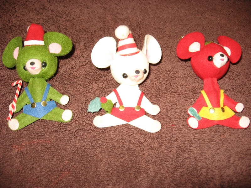 Vintage Christmas Felt Mice Ornaments Overalls Japan 3" 