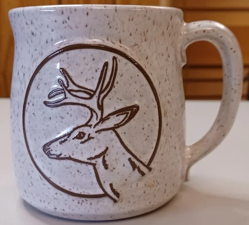 VTG Onion River Pottery Deer Buck Coffee Mug Speckled Stoneware Vermont