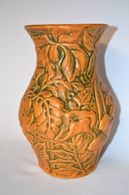 Weller Pottery ''Marvo'' Vase ca. 1925 Tropical Foliage  8'' Tall Orig. Sticker