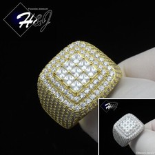 MEN 925 STERLING SILVER ICY BLING CZ GOLD PLATED/SILVER 3D SQUARE RING SR190