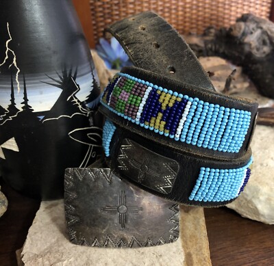 Southwestern Style Blue Beaded Belt Vintage Southwest Blue-Turquoise Seed Bead BELT Native  main image 3