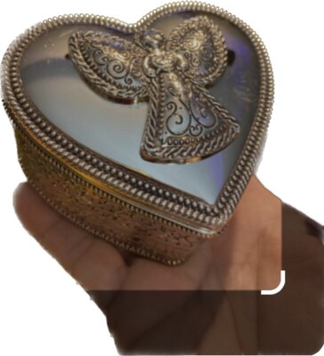 Things Remembered Heart Shape Angel Jewelry Box Keepsake Silver Mirror Velvet