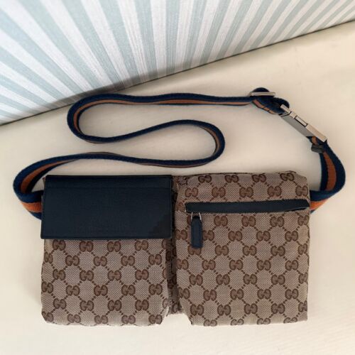 GUCCI GG Canvas 28566 Sherry Line Shoulder Bum Bag Navy Orange Beige Canvas