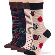 Women Bamboo Patterned Dress Crew Socks M 4Pack Coffee Beans Heart Black Brown