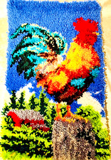 Vintage Finished Country Farmhouse Rooster Latch Hook Wall Hanging Handmade