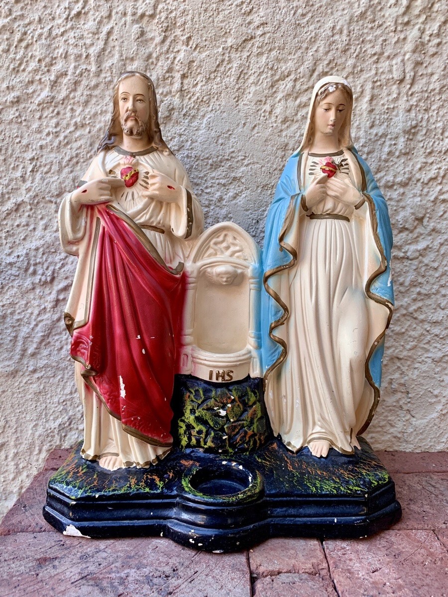 Antique 1928 P.S. CoPA Chalkware Alter Statue Jesus & Mary