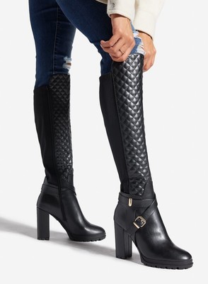 Ebeliz by SHOEDAZZLE, Black faux quilted leather 4.5'' heel knee boots, SZ 7.5