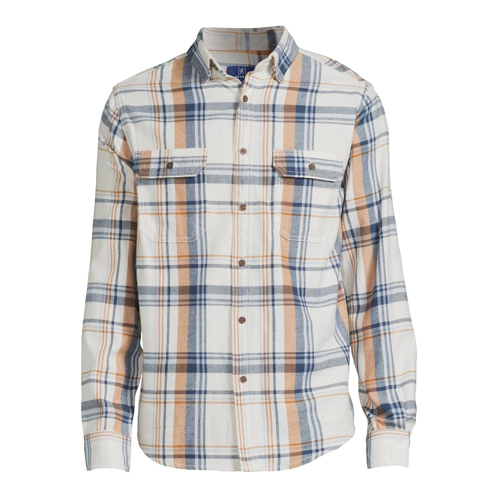 George Men's Long Sleeve Flannel Shirt, Delicate Ivory Plaid Size XS(30-32)