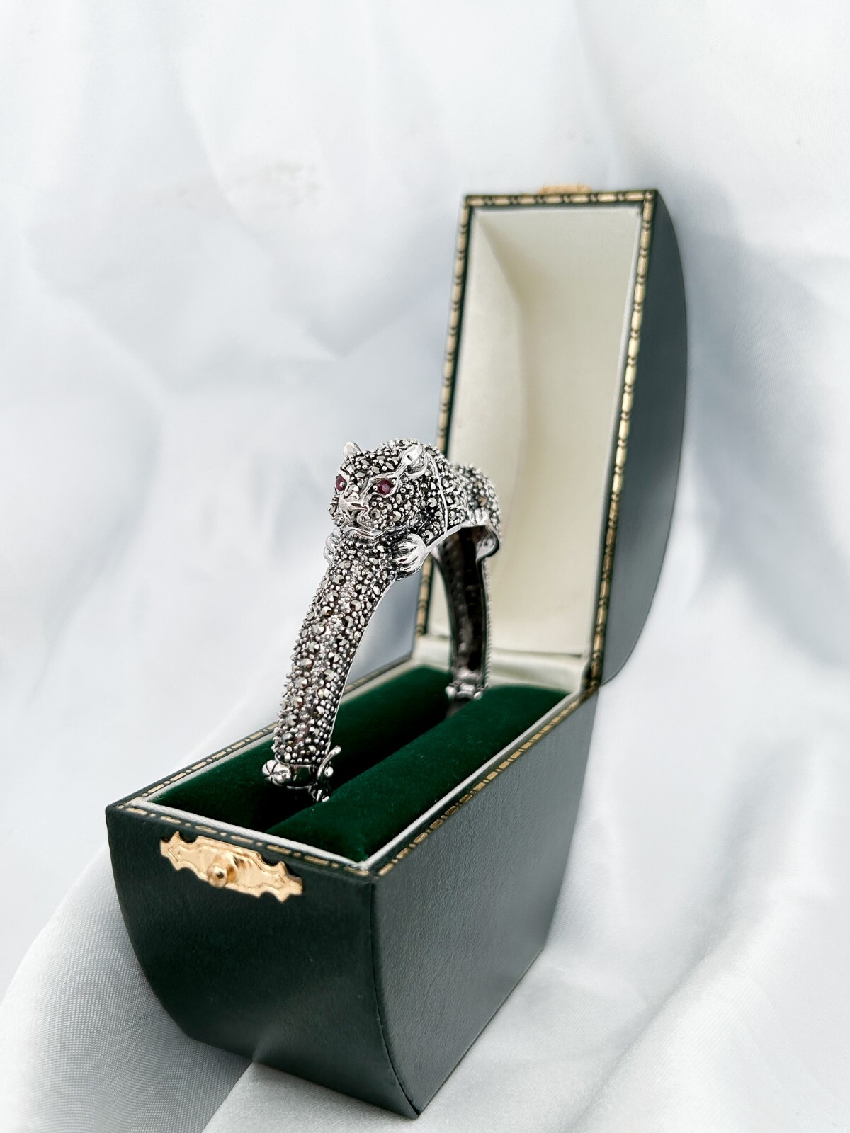 Solid Silver Panther Bangle Bracelet With Marcasi… - image 4