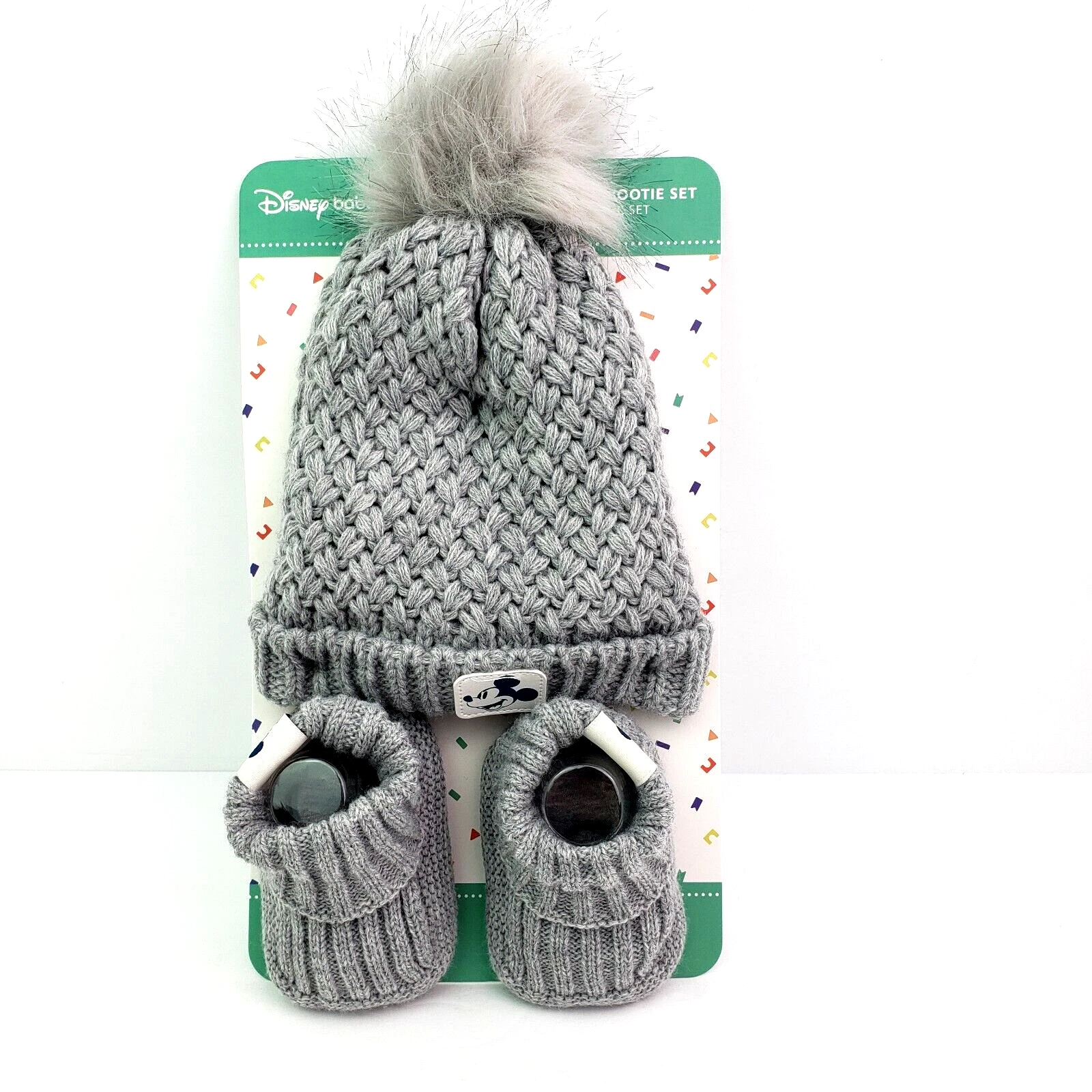 Disney Baby Mickey Mouse Baby Gray White Warm Knit Hat & Bootie 2 Pc Set