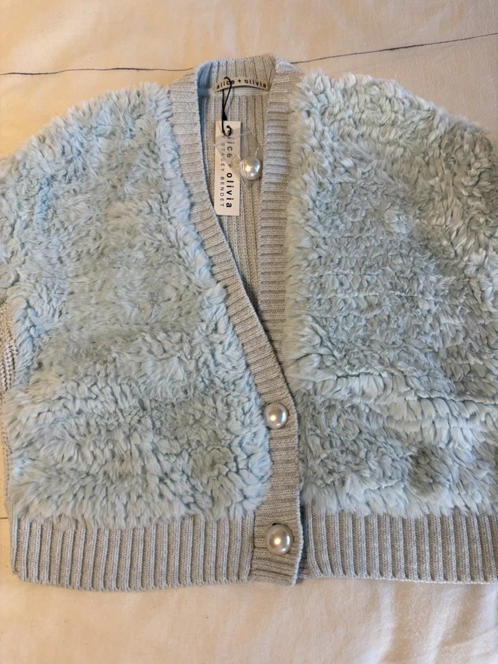 Alice + Olivia Faux Fur Fluffy Button Down Blue Sweater Size M NWT (MSRP $595) - Image 4 of 4