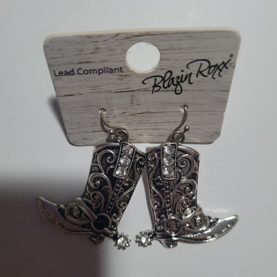 Blazin Roxx Western Boot Dangle Earrings Silver Tone Clear Crystal Hook