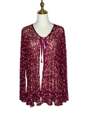 LOGO by Lori Goldstein Boho Burgundy Floral Tie-Front Cardigan Fairy Grunge Sz M