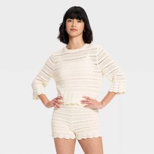 Women Quarter Sleeve Openwork Crewneck Pullover Sweater - Universal Thread