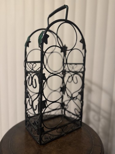 7 Bottle Wine Rack Table Top Wrought Iron Ivy with Handle Teal Painted on Black - Picture 1 of 4