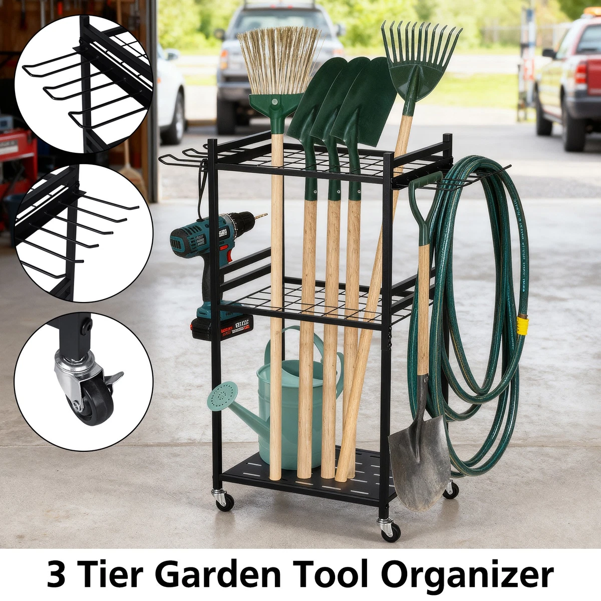 3 Tier Garden Tool Storage Rack Organiser Stand Holder with Wheels Side Hooks