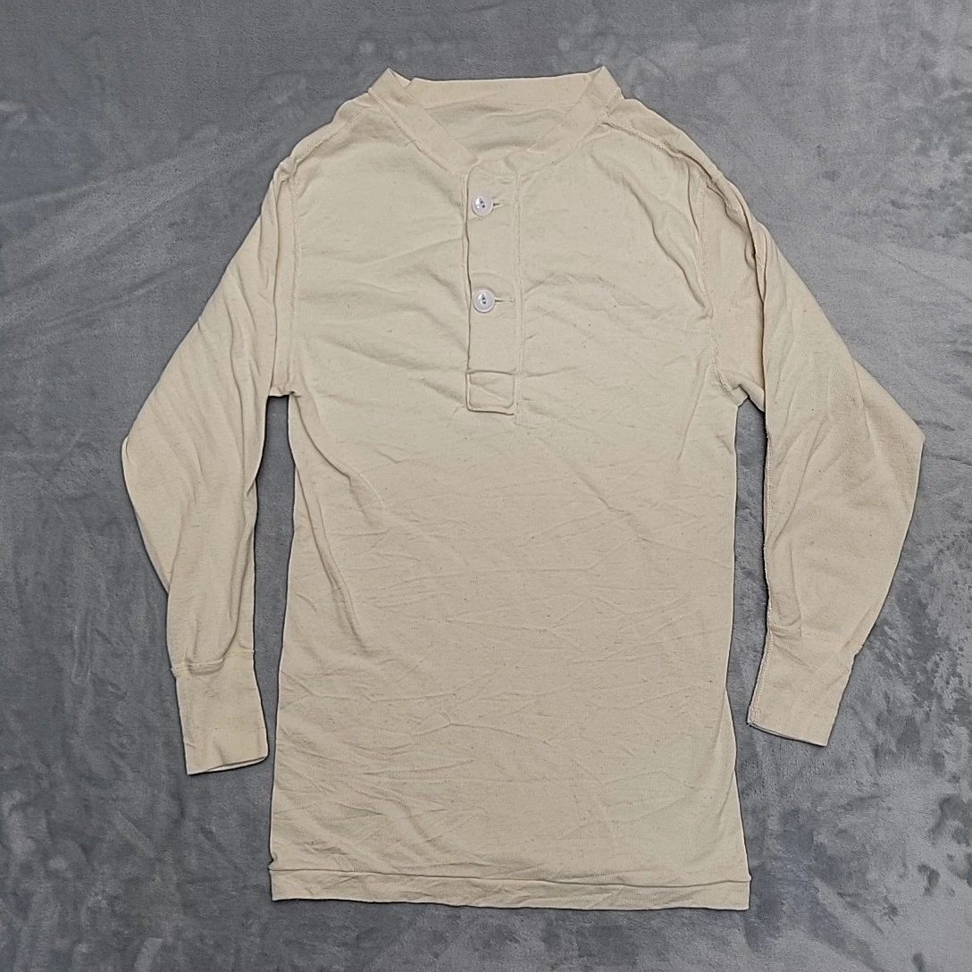 VTG Military Thermal Base Layer Top Men Small Cream 50% Wool Blend Henley 80s