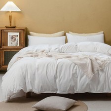 FOSSA White Duvet Cover Set, 100 Washed Cotton Linen Feel Super Soft Breathable
