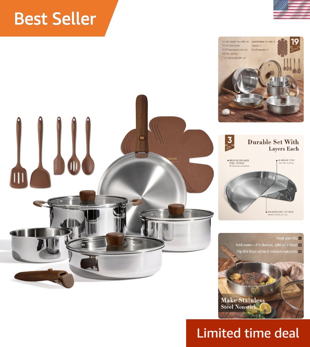 19pc Cookware Set - Induction Compatible, Fast & Even Heat Distribution