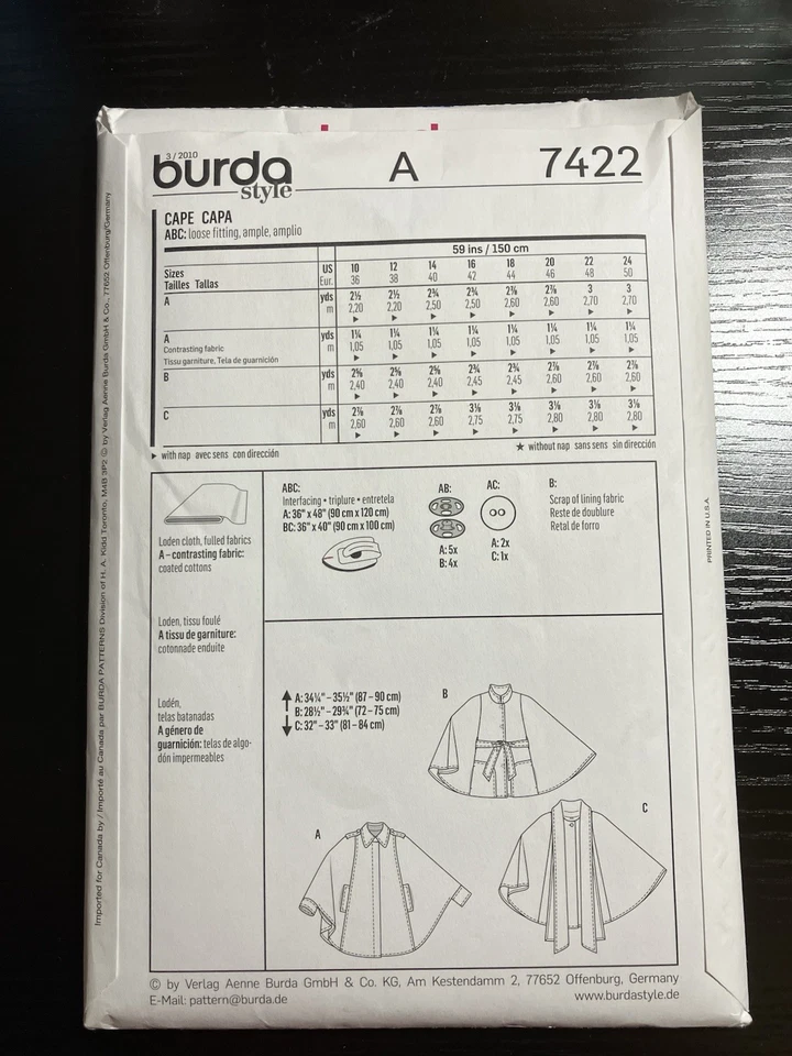 BURDA Pattern 7422 Winter Cape Two Lengths Scarf & Collar Variations 10-24 UNCUT - Image 2 of 2