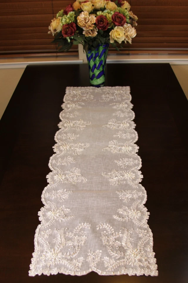 Gold White Silver Embroidery Beaded Placemat Runner Wedding Victorian Decor - Image 3 of 4