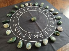 Rune Stones Set 25 Premium Aqua Green Agates + Divination Altar Cloth & Pouch