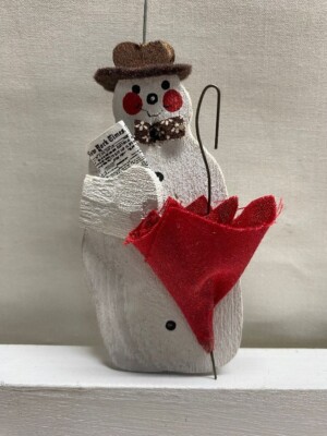 Barbara Corcoran Clark Balsa Wood Christmas Ornament ''FROSTY GOING TO WORK'' 3.5''