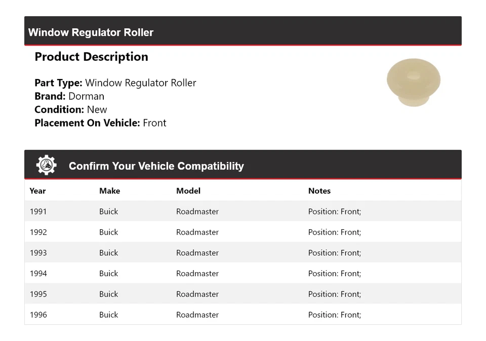 Rodillo regulador de ventana delantero 1992 1993 para Buick Roadmaster Dorman 1991-1996 Foto 2 de 4