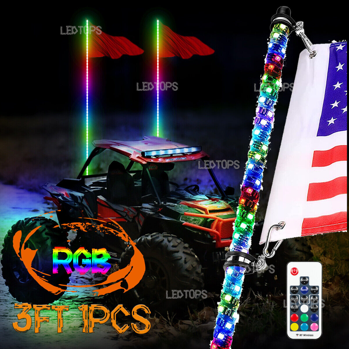 3FT Lighted Spiral LED Whip Antenna w/Flag & Remote For ATV