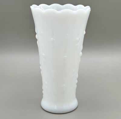 Anchor Hocking Milk Glass Vase White Tear Drop Pearl Dot Scalloped Edge Vintage