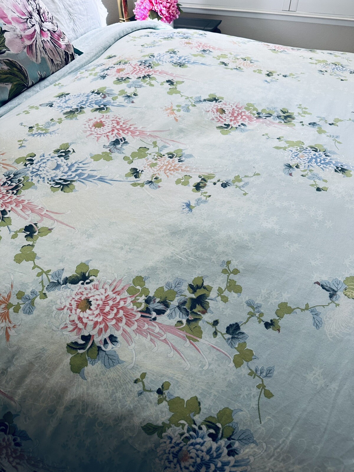 Vintage Cotton Sateen Queen Shanghai Duvet Cover Aqua Zen Asian Floral NWOT