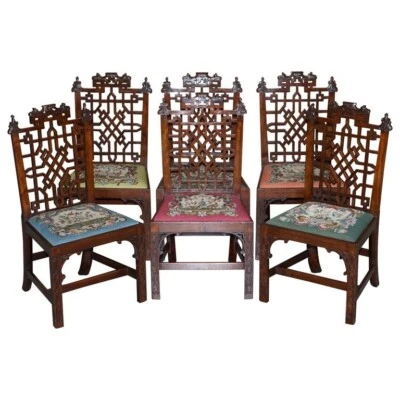 Six chaises de salle à manger importateur George III 1760 Thomas Chippendale pagode chinoise - Photo 1/4