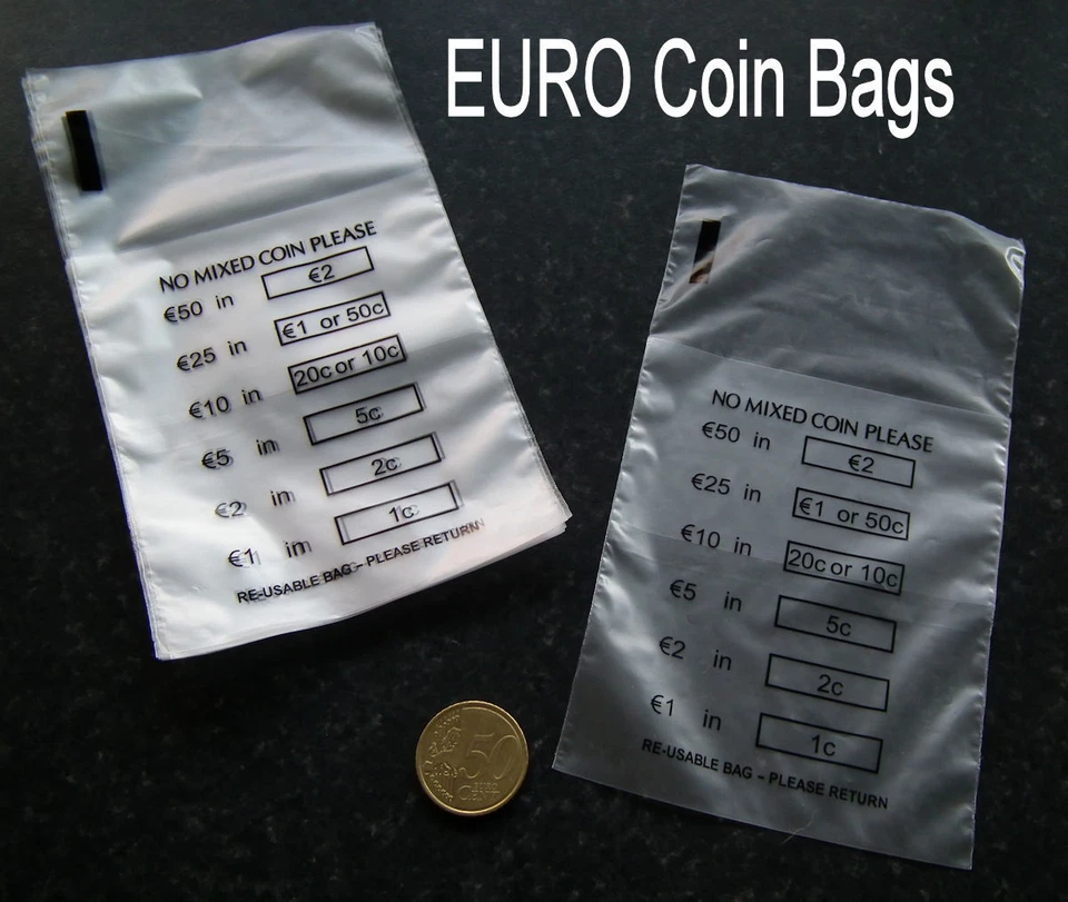 NSM 50 x Plastic Money / EURO Coin / Bank Bags - No Mixed Coins - New and Reusable