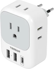 European Travel Plug Adapter USB C, TESSAN International Type C-white gray