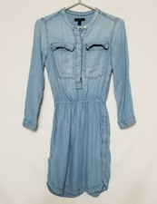 J Crew Womens XS Chambray Dress Elastic Waist Long Sleeve Knee Length Blue
