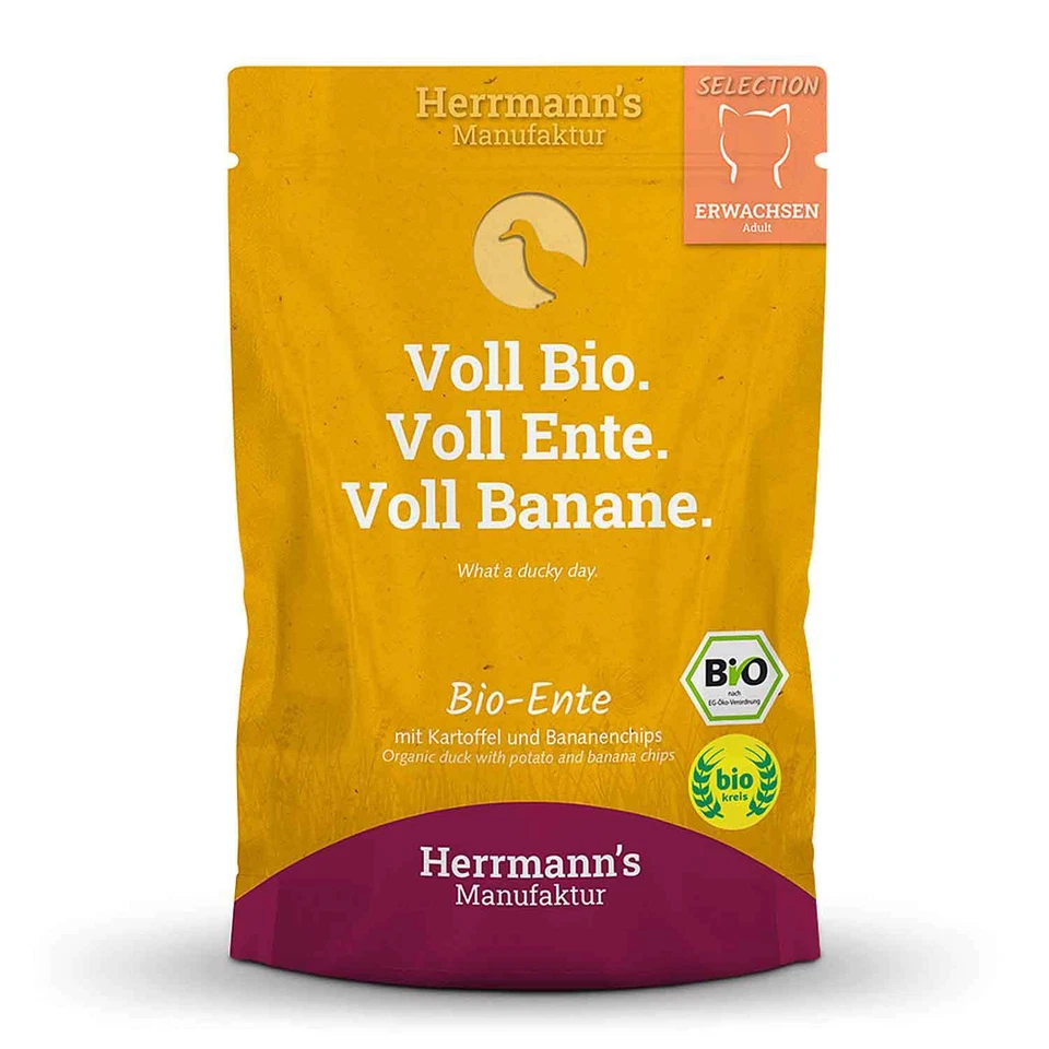 48 x Herrmanns Katzenfutter Bio Ente Kartoffeln Bananenchips Tiernahrung 100Gr - Bild 2 von 2