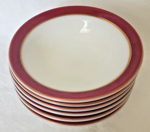 6 Vtg Pyrex White Milk Glass Red Gold Band Trim Bowl 5.5" Dessert Berry Retro
