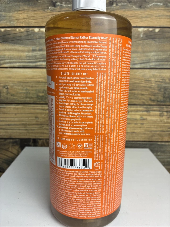 Dr Bronner's Tea Tree Pure Castile Soap 32oz Organic Fair Trade Cleaning Agent - Image 2 of 4