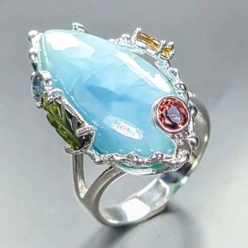 Handmade 28 ct+ Natural Larimar Ring 925 Sterling Silver Size 8.5 /R460795