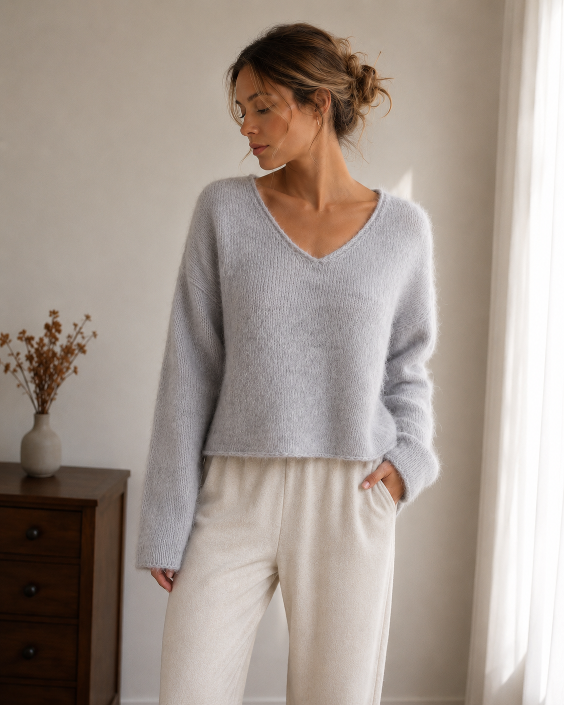 American Vintage EAST Mohair Wool Blend V Neck Sweater Gray XS/S Fuzzy Soft