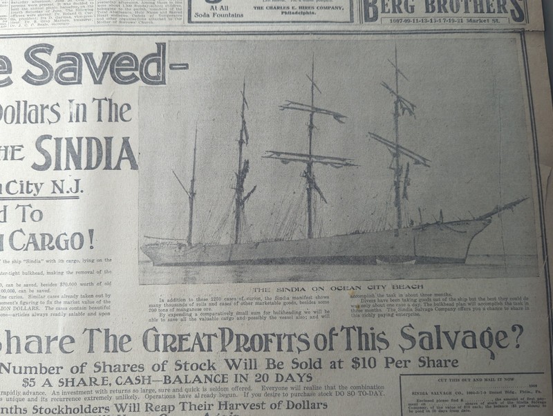 JUNE 22, 1908 NEWSPAPER PAGE #2781- SHIPWRECK OFF OCEAN CITY, NJ- GREAT PROFITS 